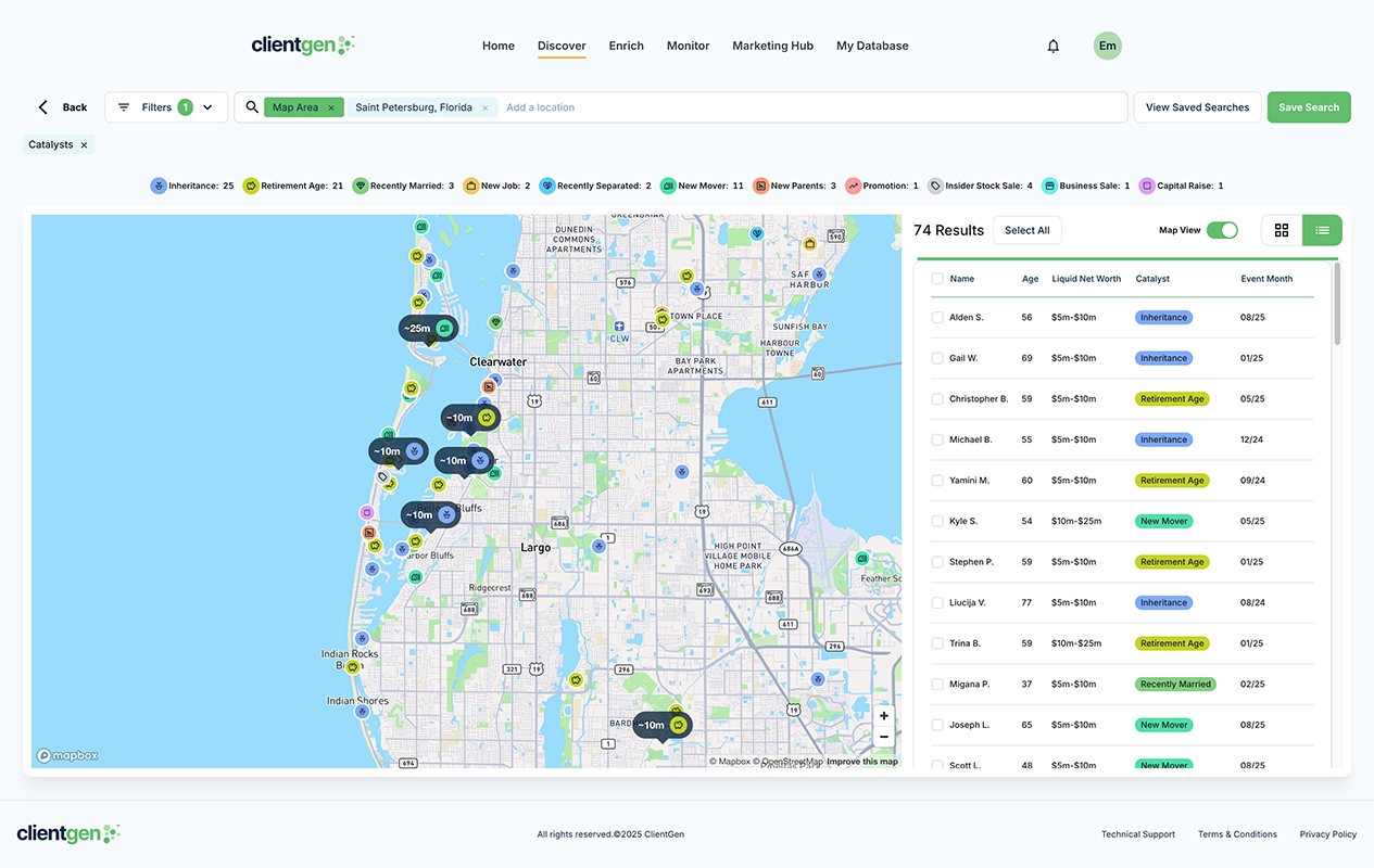 Discover search results with map and prospect list